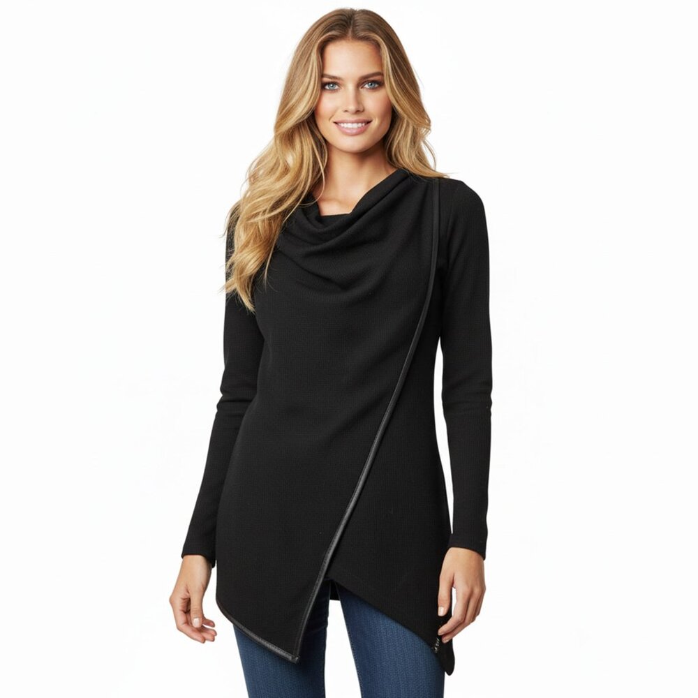 Marc New York Performance Cowl-Neck Waffle-Knit Black Tunic Top Asymmetrical